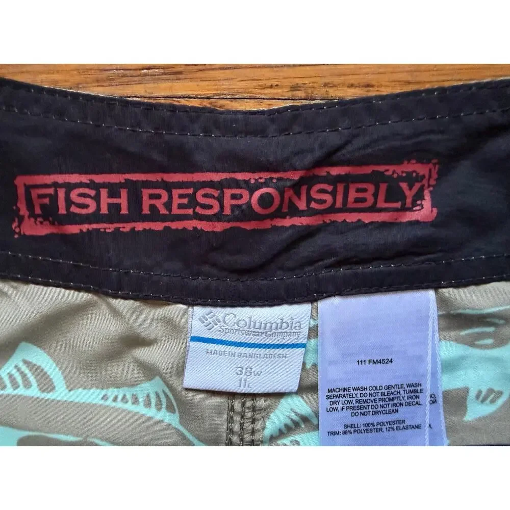 COLUMBIA PFG Omni-Shade 'Fish Responsibly' Green Swim Shorts Mens sz 38